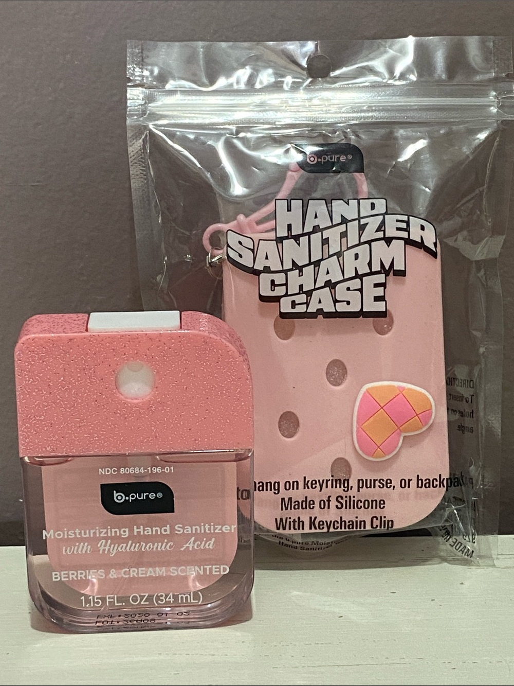 b.pure Pink Berries & Cream Hand Sanitizer with Pink Silicone Charm Case